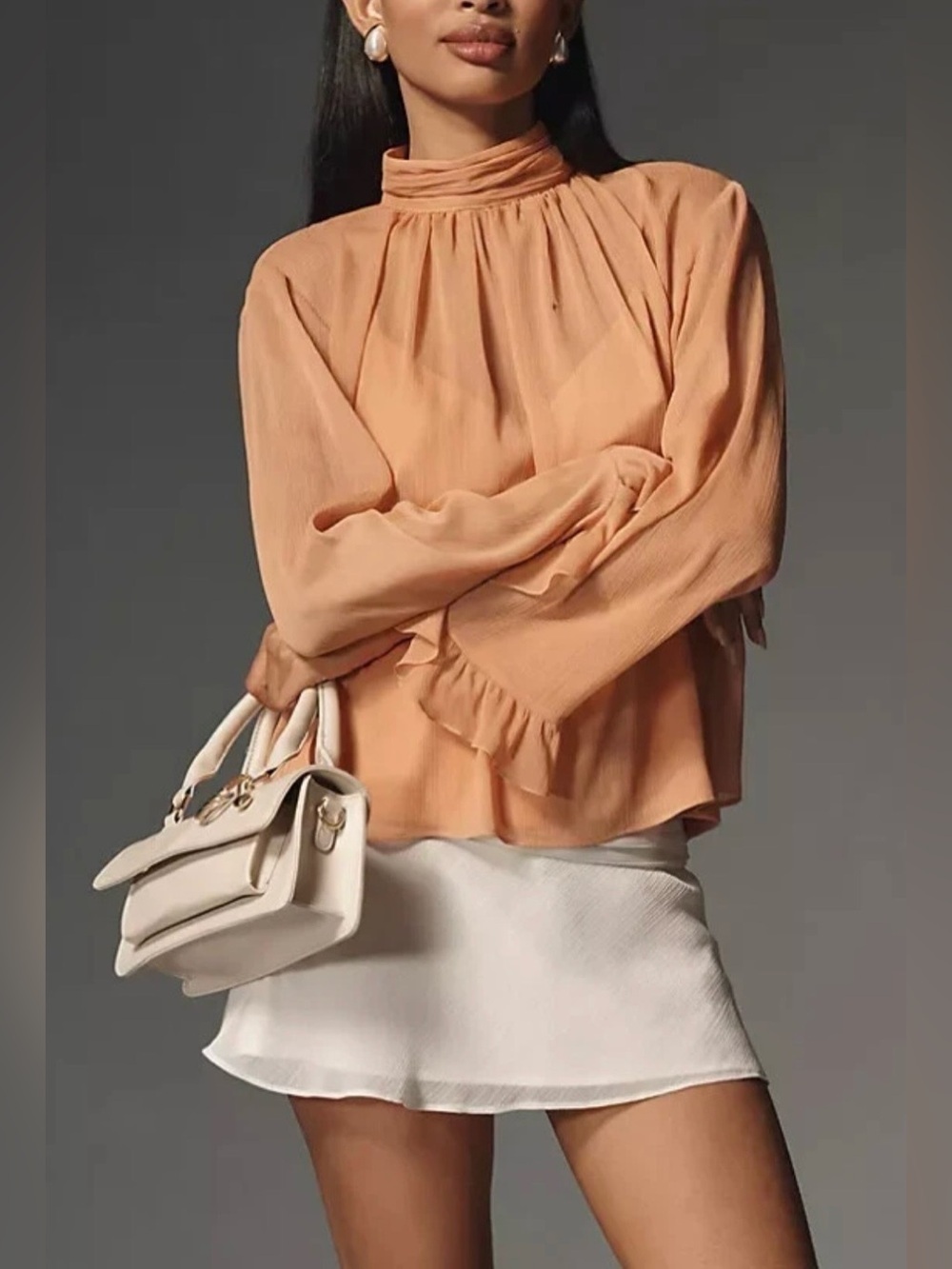 NEW Anthropologie Long-Sleeve High-Neck Sheer Blouse in Peach Blush Color
Size L